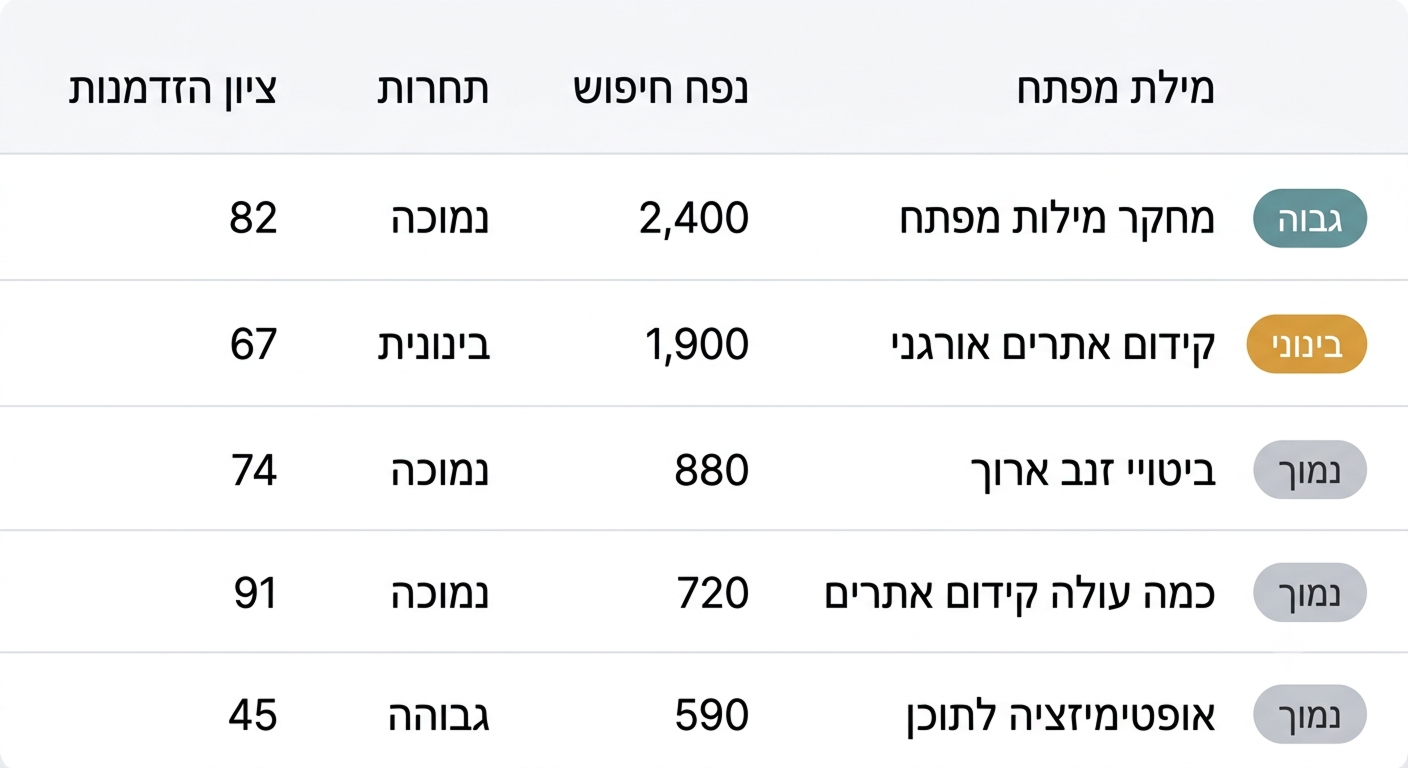 טבלת מחקר מילות מפתח בעברית עם נפח חיפוש, תחרות וציון הזדמנות