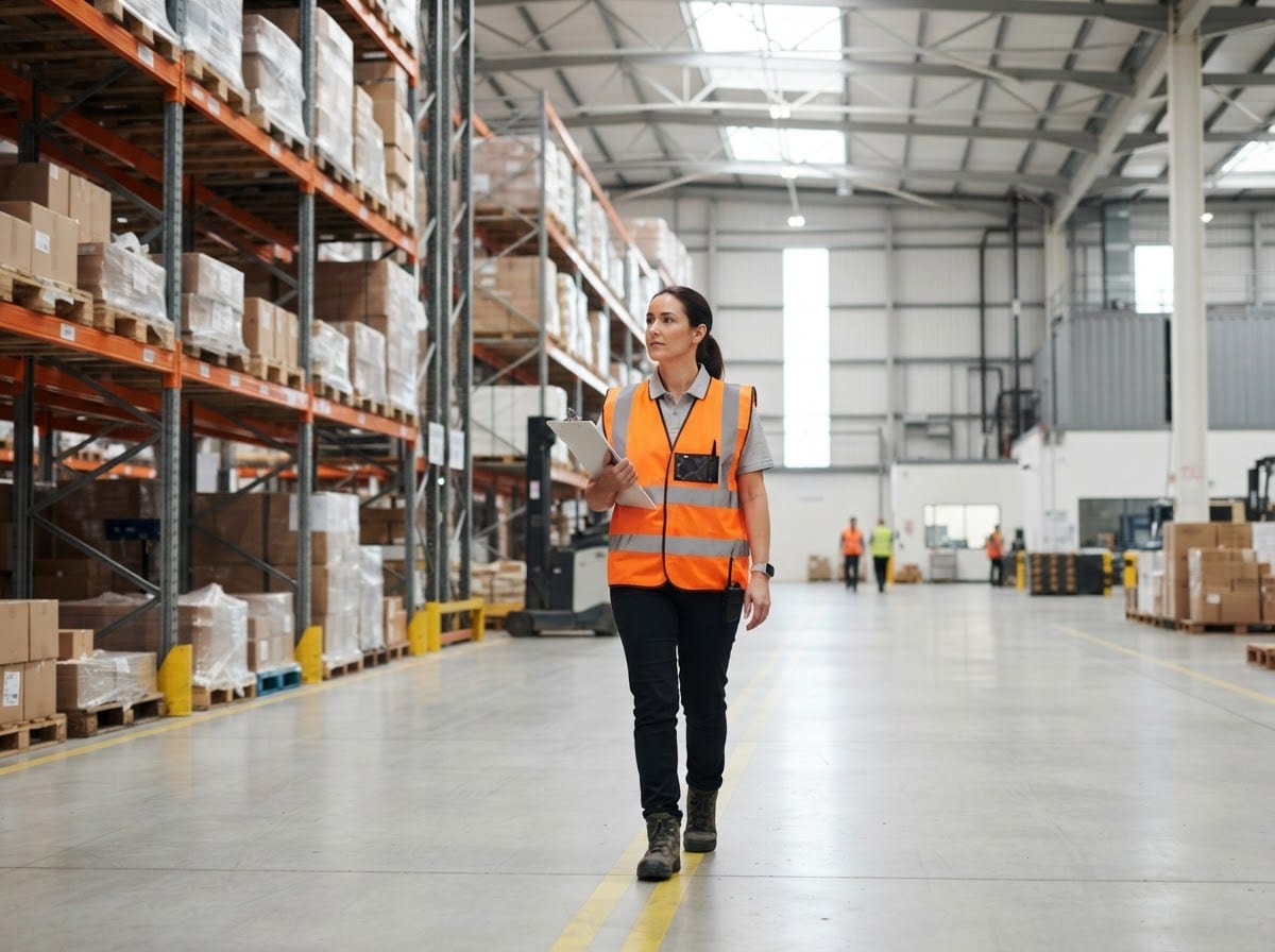 מנהל עבודה לבוש אפוד זוהר מסייר במעבר של מחסן לוגיסטי