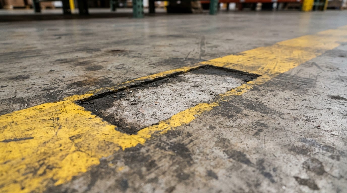 סימון בטיחות צהוב על רצפת בטון במחסן לאחר ניקוי יסודי של כתם שמן