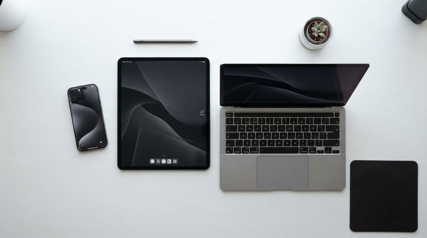 A laptop, tablet, and smartphone arranged on a clean white desk surface.
